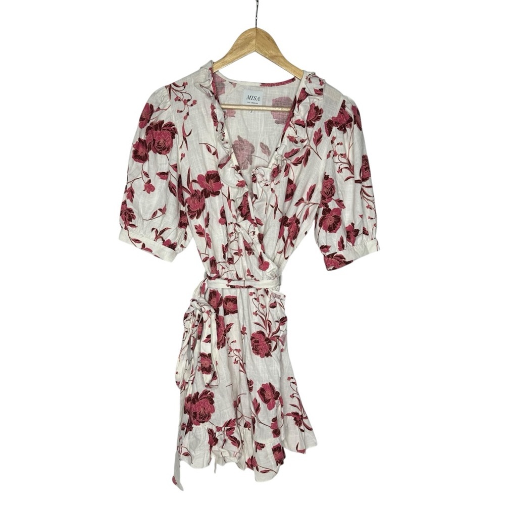 MISA Dress Small White Pink Thora Floral Ruffle Mini Wrap Abstract Peony  small - Picture 2 of 12